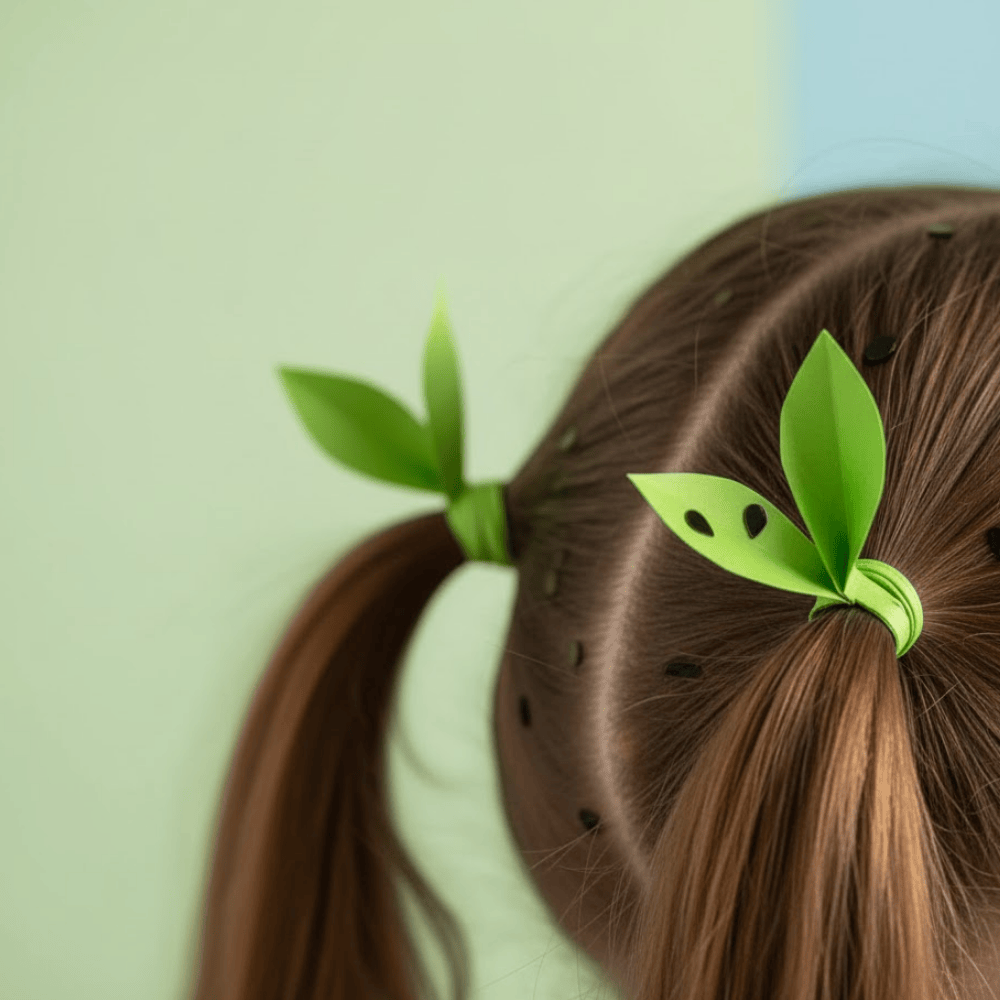 Child with pigtails decorated using green strawberry leaf cuffs and playful accessories.