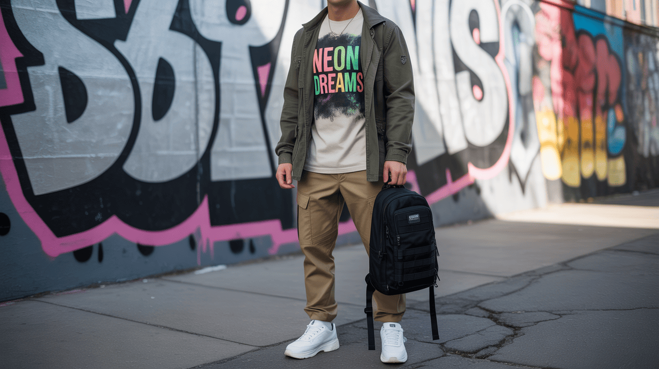 Khaki cargo pants and utility jacket styled with graphic tee for a modern streetwear inspired outfit