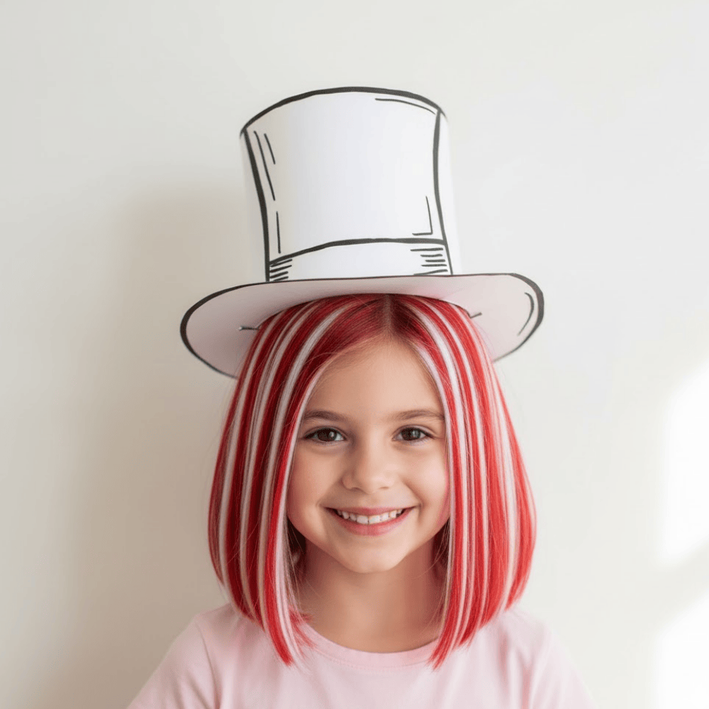 Child with red and white striped hair and paper hat inspired by a storybook character.