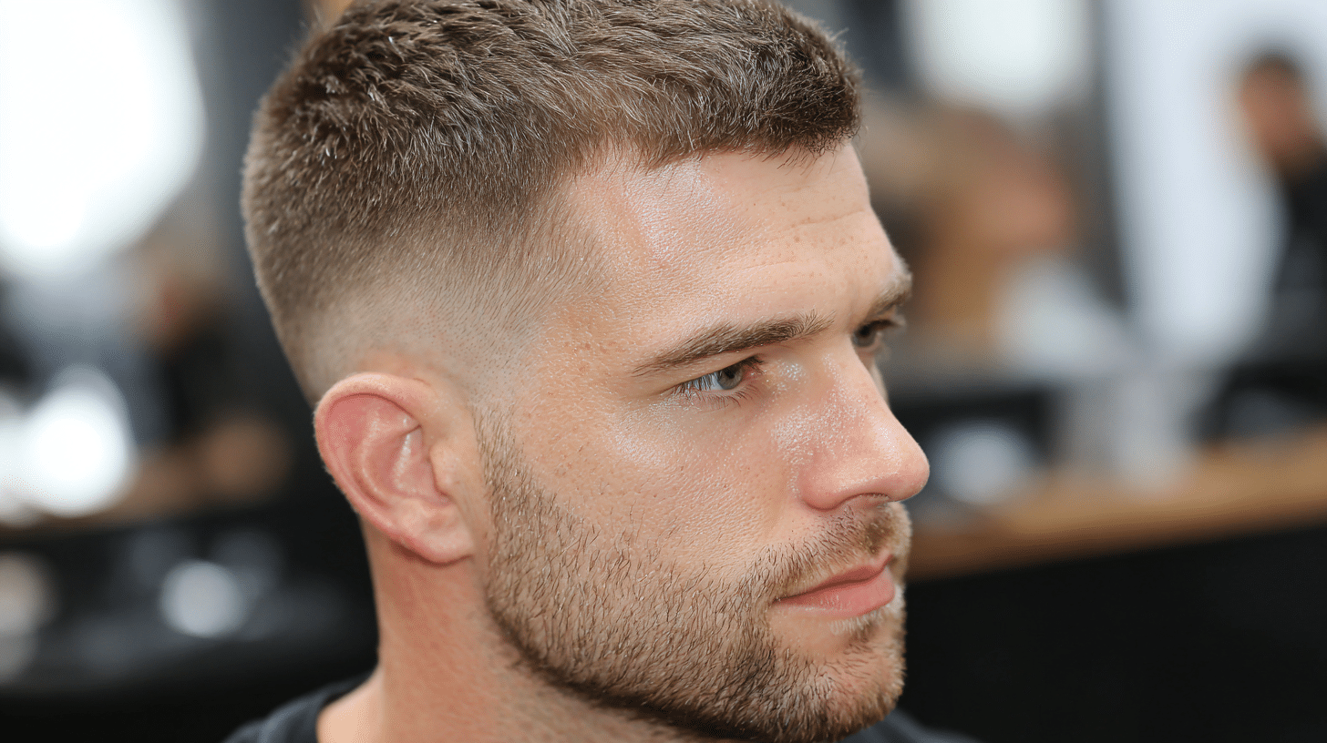 Man with a buzz fade haircut and light stubble for a rugged clean look.