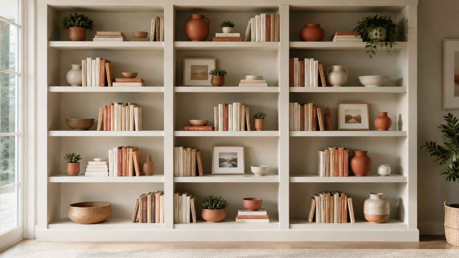 Books and decor grouped by color for a cohesive shelf look