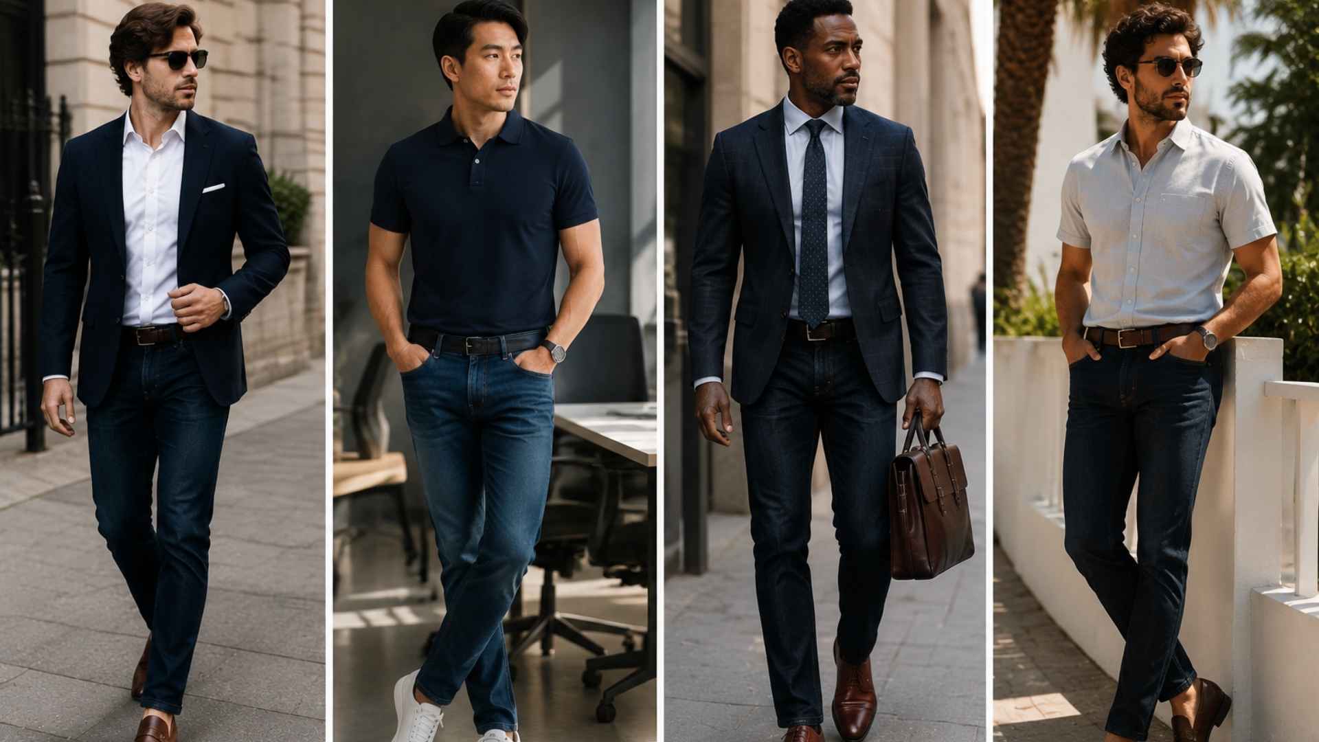 Four men wearing smart casual jeans outfits with blazers, polos, shirts and loafers in a fashion collage