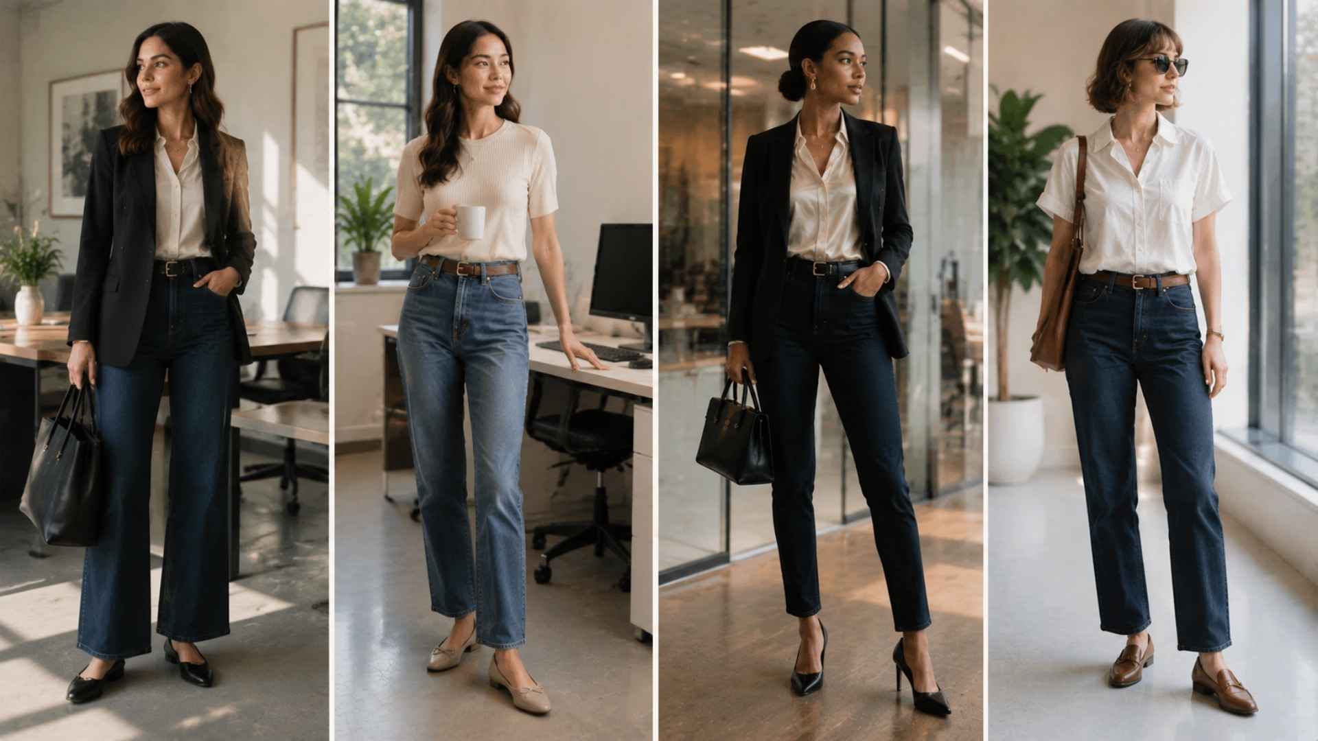 Four women wearing professional denim outfits with blazers and blouses in modern office settings now