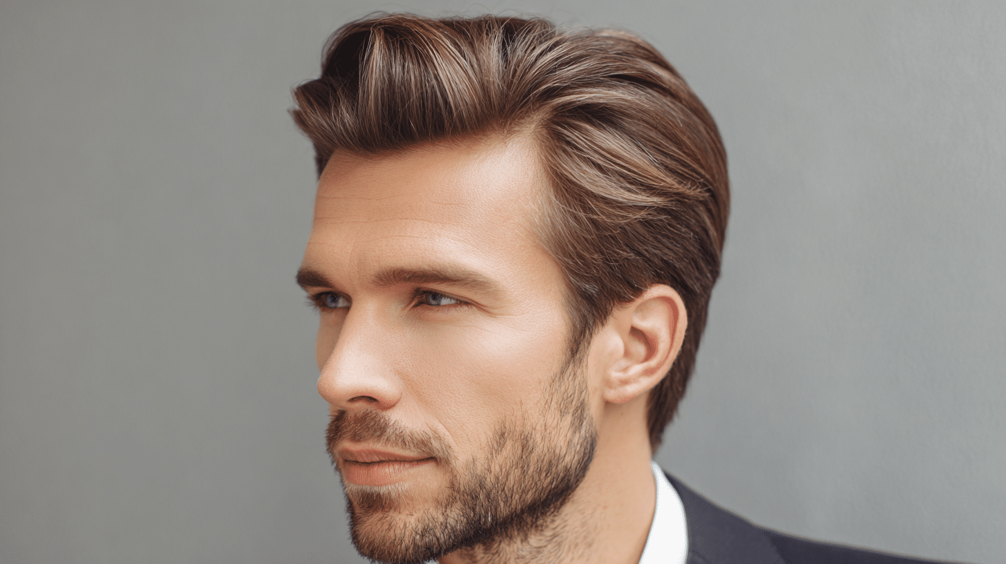 Deep side part hairstyle on a widow’s peak hairline creating an elegant and balanced look