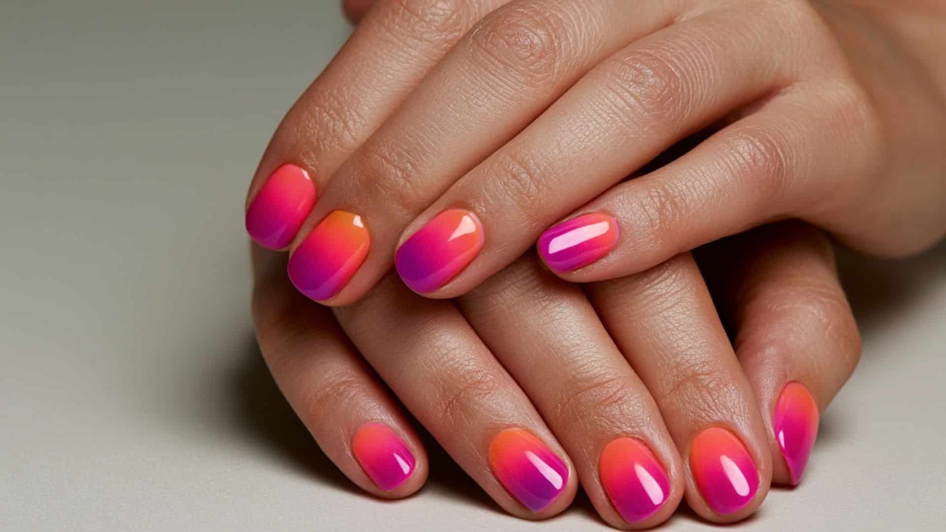 Hot pink, orange, and purple sunset ombre nail design.