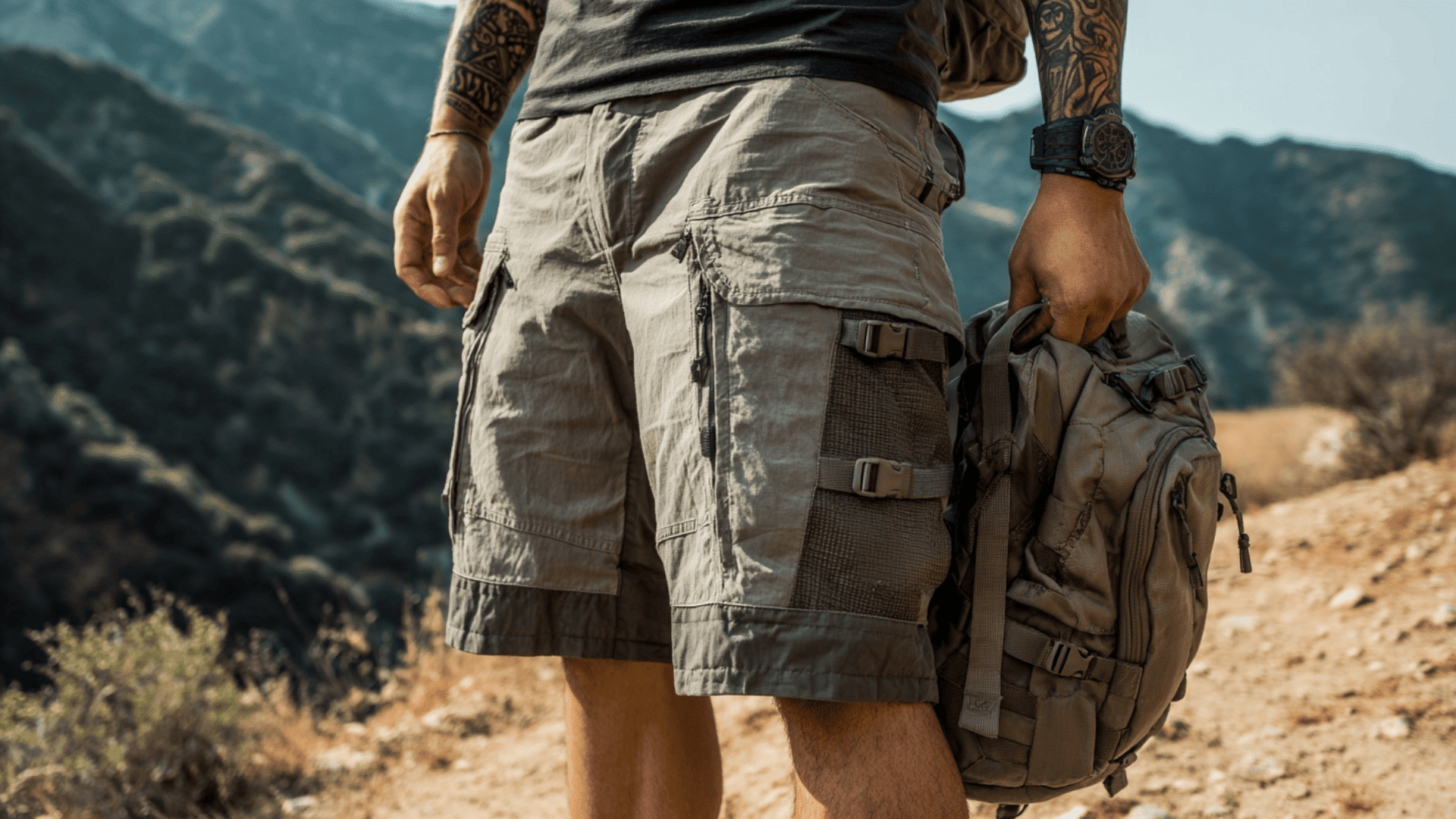 Man wearing rugged tactical shorts with multiple pockets for hiking and outdoor adventures.
