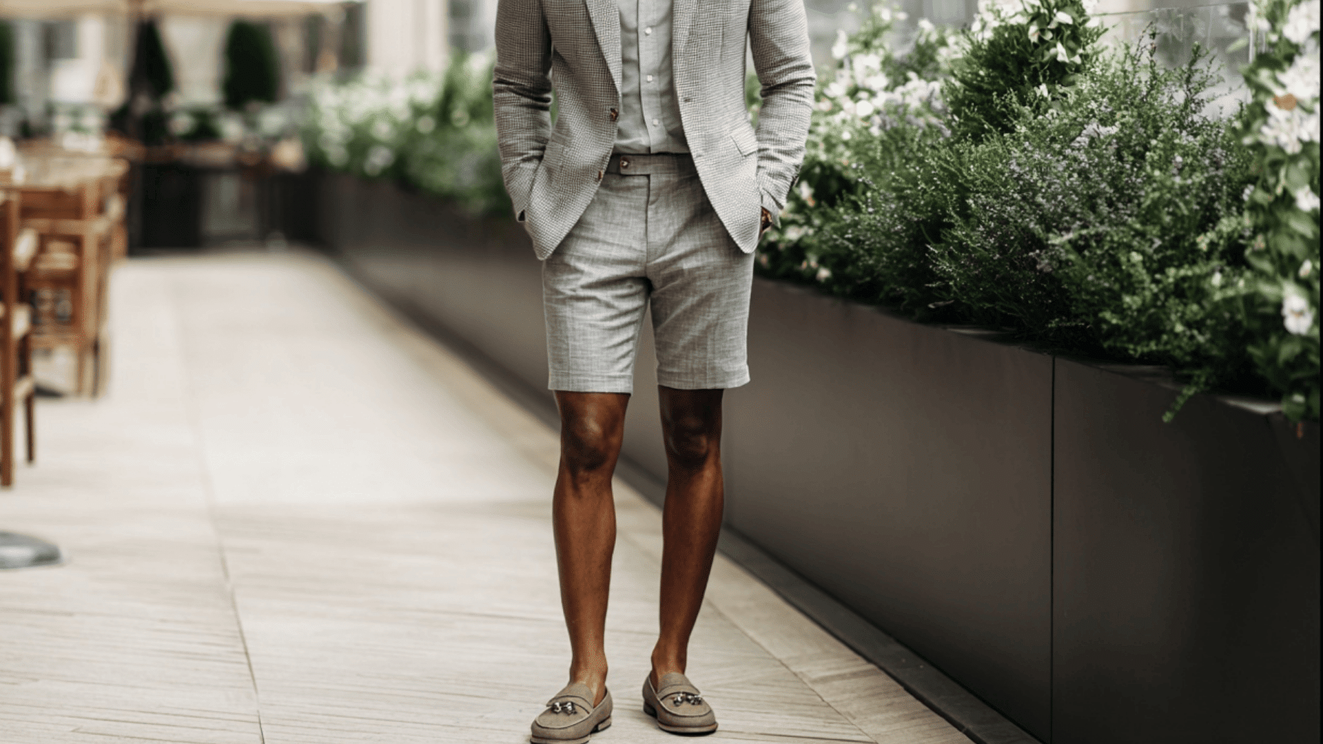 Man wearing tailored shorts with a blazer and loafers for a smart summer outfit.