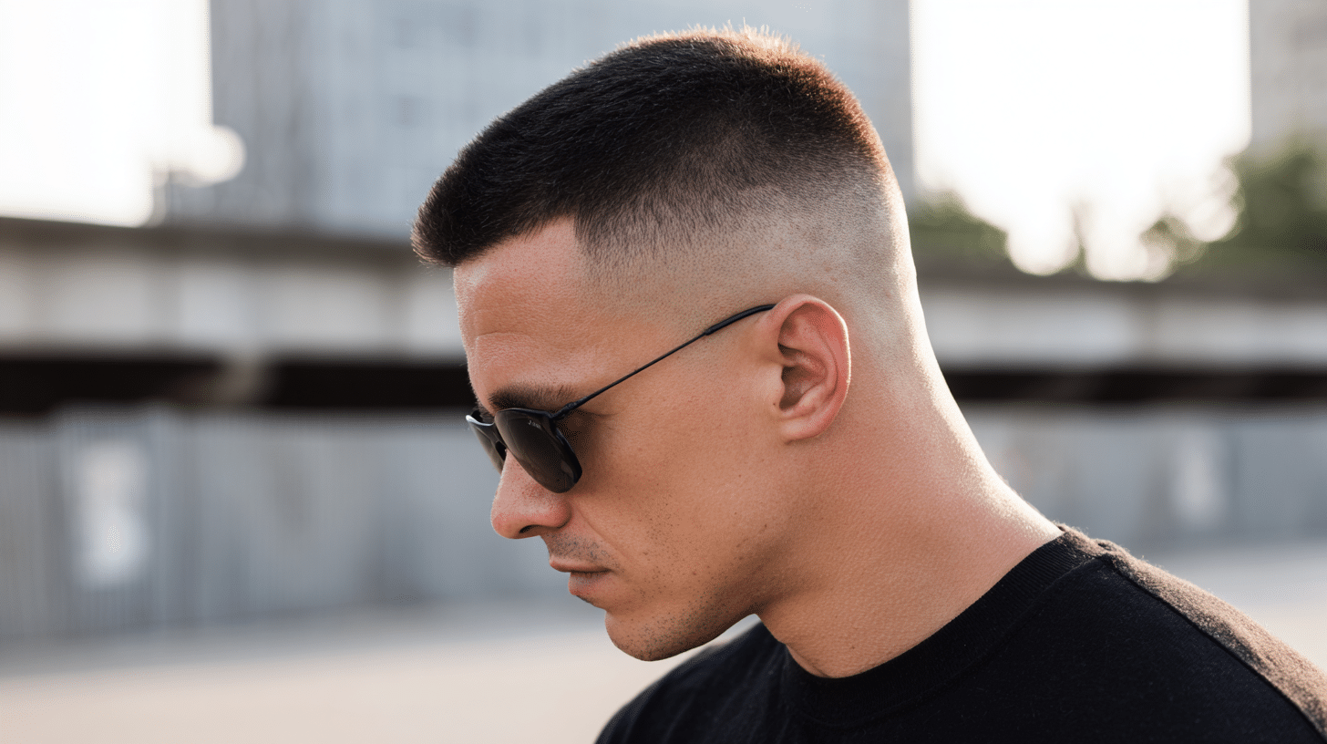 Man with a taper fade buzz cut featuring a gradual fade and clean natural finish.