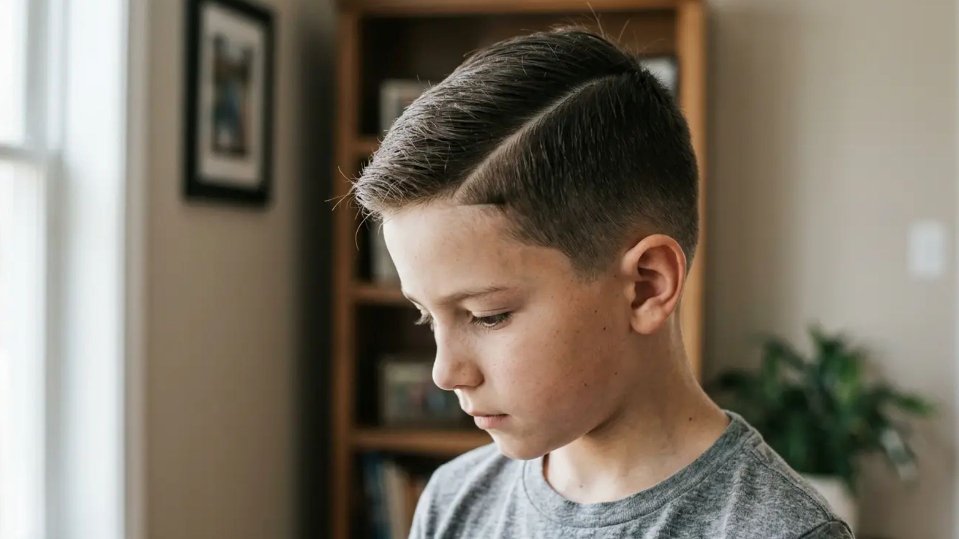 Boy with taper fade haircut and sharp hard side part, styled neatly in a modern indoor portrait setting.