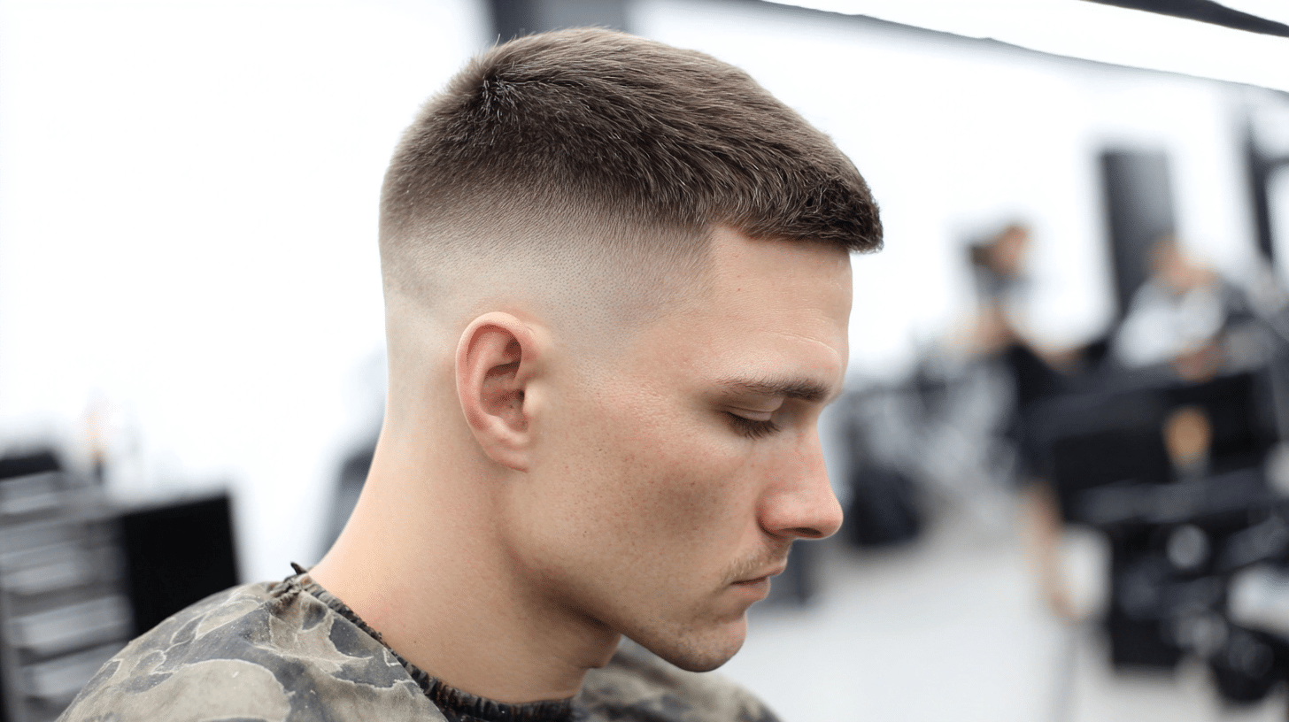 Man with temple fade haircut with subtle fade around temples and polished finish