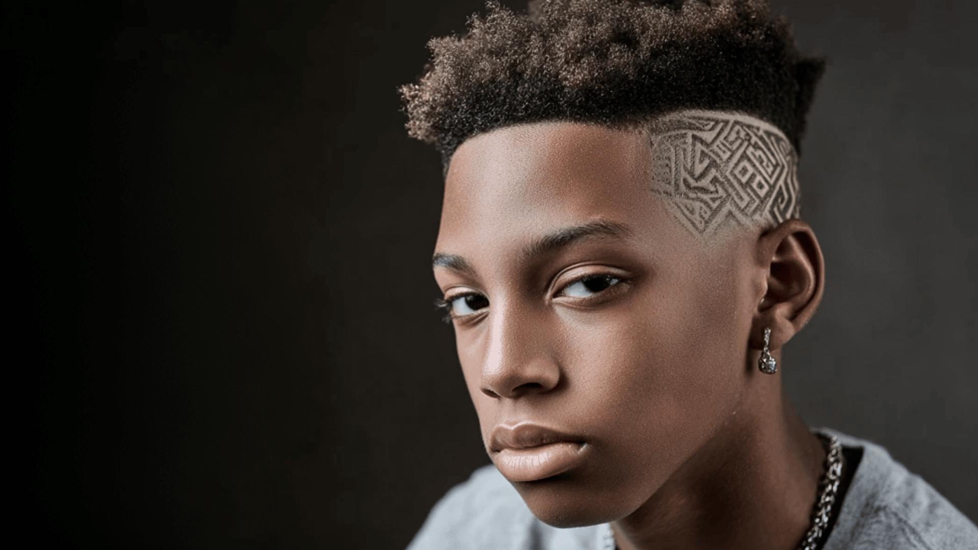 Temple fade haircut with creative shaved designs