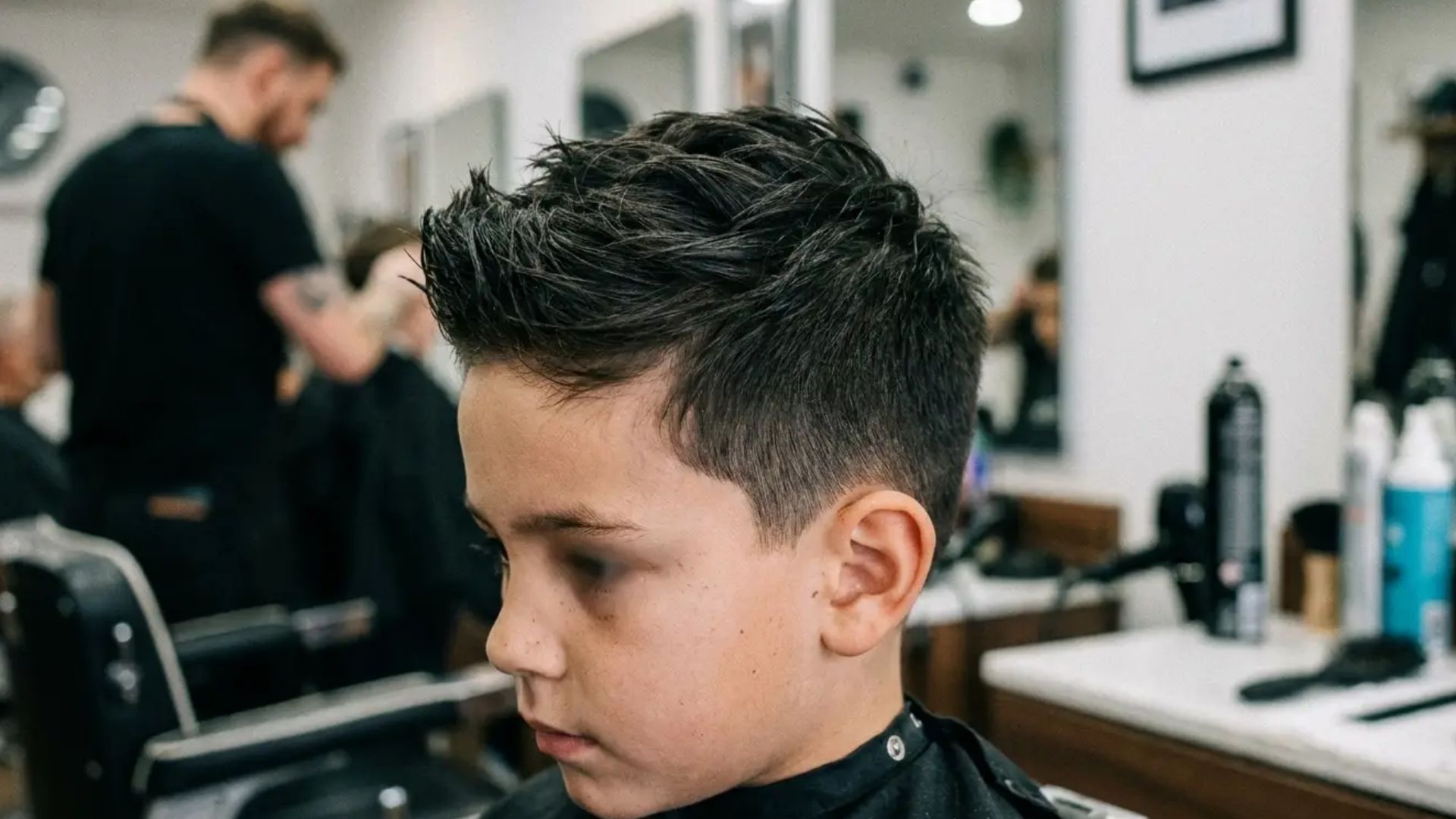 Boy with textured brush up hairstyle and tapered sides, styled with volume and movement in a modern salon environment.