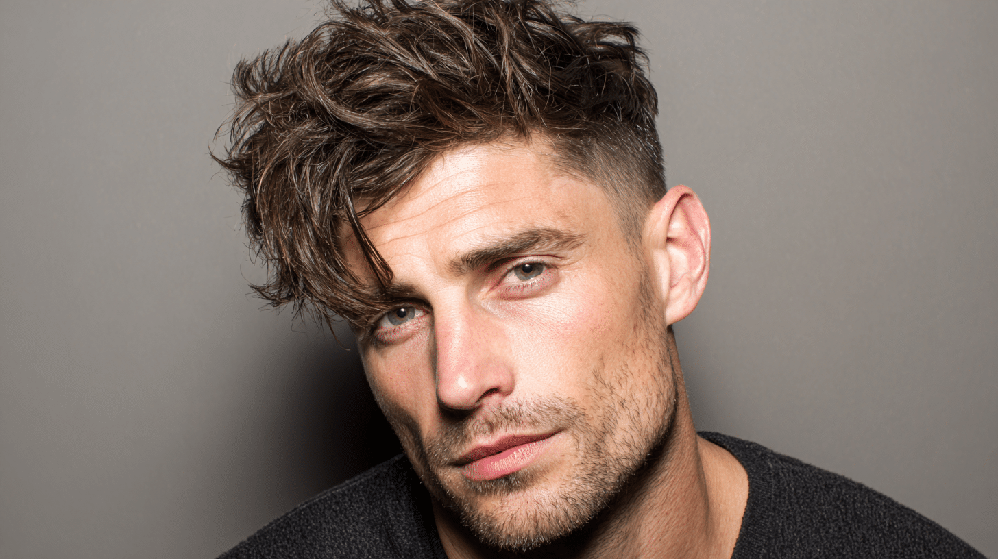 Man with textured fringe haircut and messy layered front hairstyle