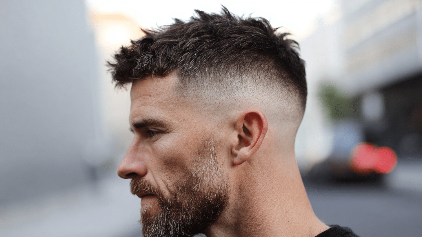 Man with a textured buzz fade haircut and short layered hair on top.