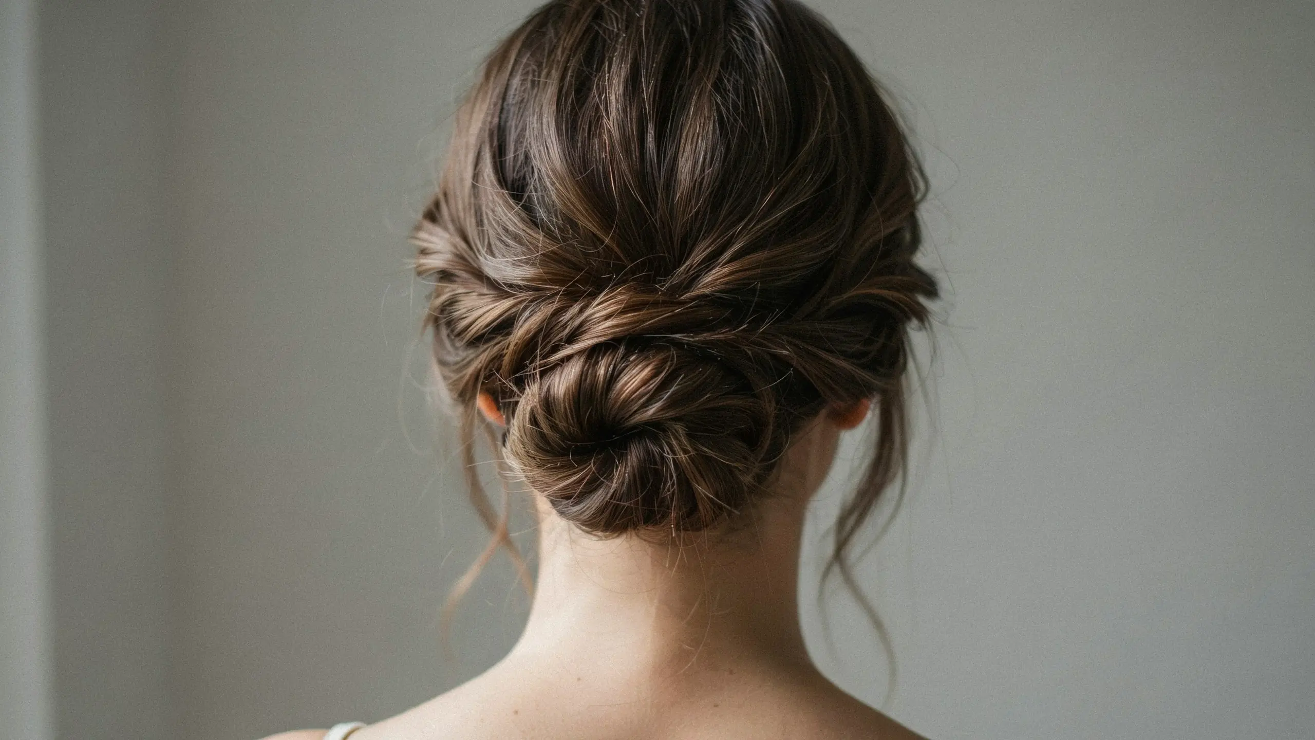 Textured updo hairstyles with a low twisted bun and loose pieces