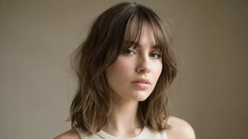 Woman with soft wispy curtain bangs featuring natural texture and a relaxed face framing hairstyle with subtle volume