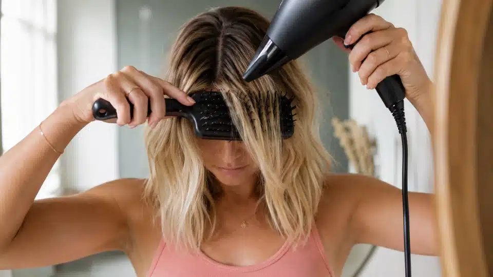 Woman using a blow dryer and vent brush to shape curtain bangs outward with a natural everyday hair styling technique
