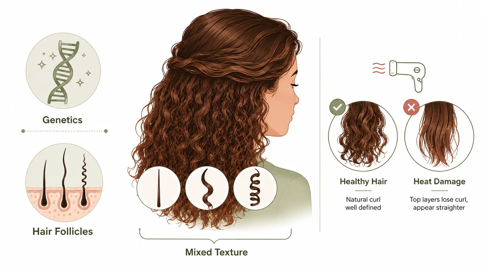Infographic showing main causes of Irish curls and mixed hair textures