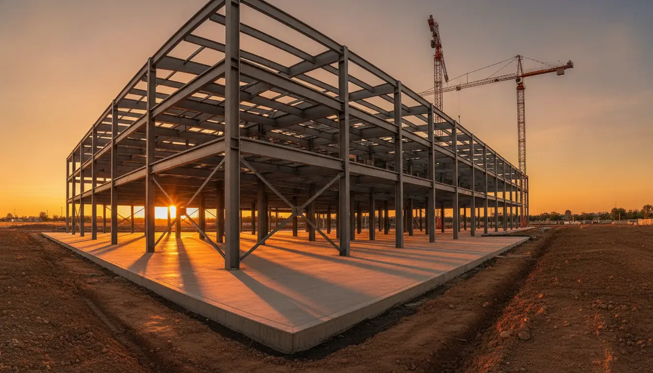 Steel building framework under construction at sunset with cranes in the background