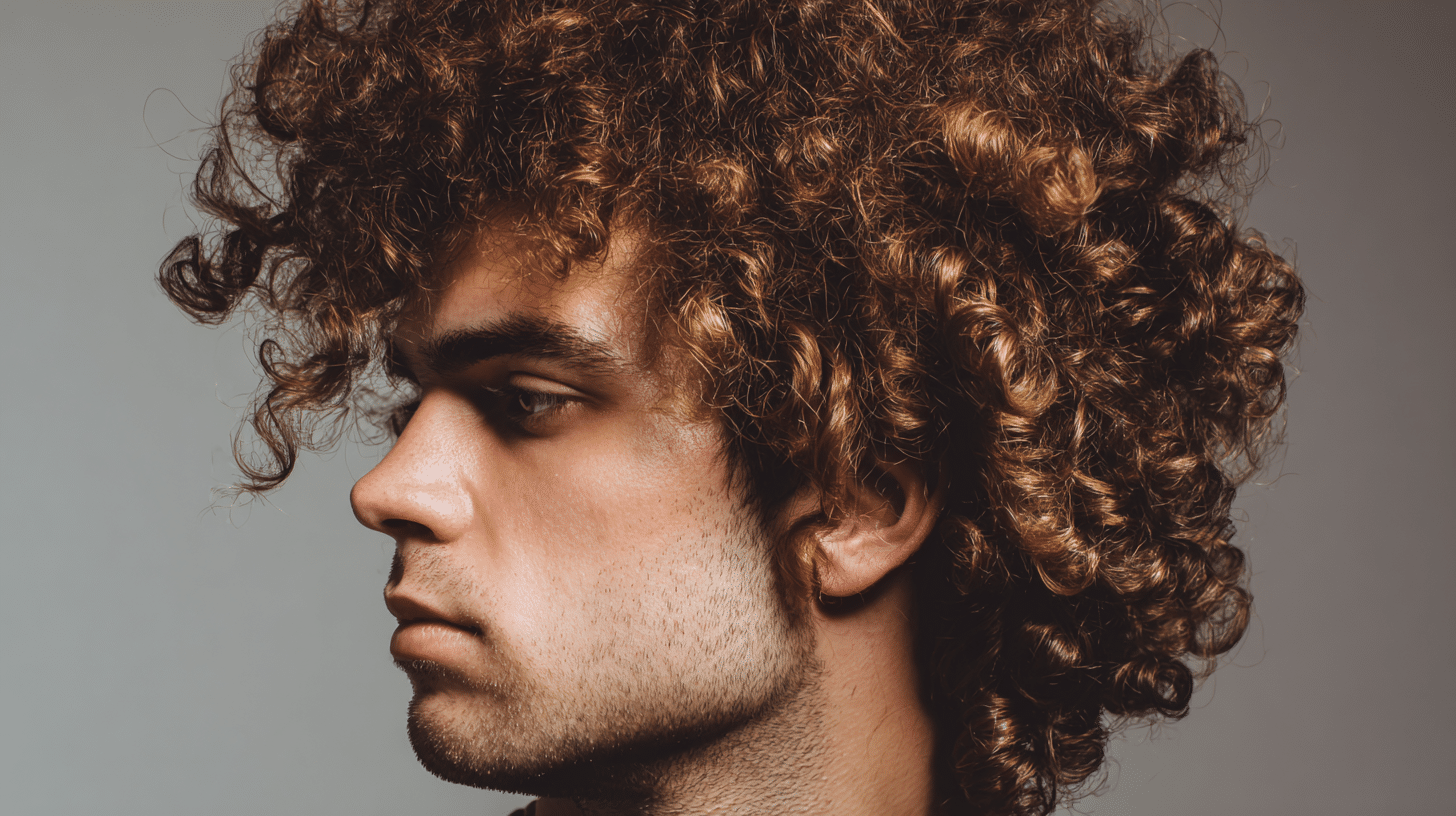 Tight curl perm for men with defined ringlets and high volume bold curly hairstyle