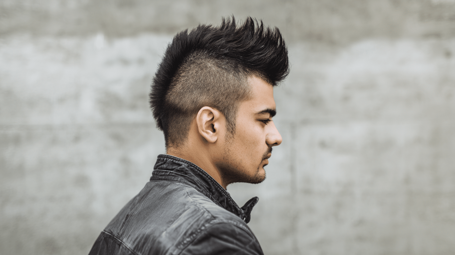 Man with short spiky hairstyle and his hair standing upward