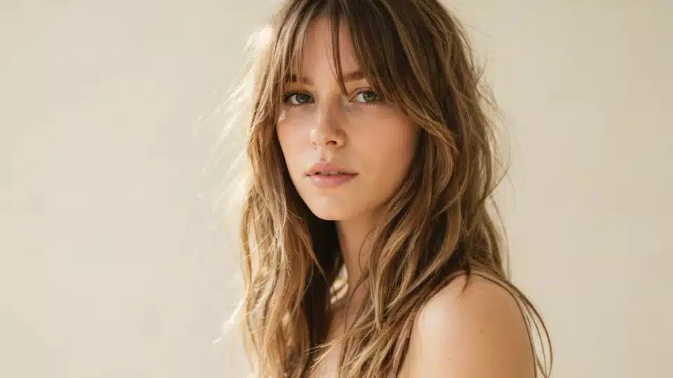 Woman with tousled beach texture curtain bangs showing soft waves and a relaxed effortless hairstyle finish