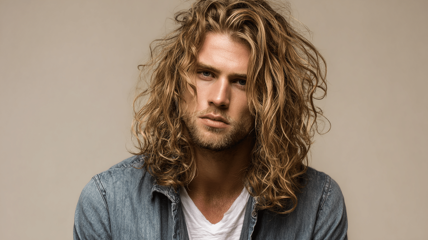 A man with beachy long layered hairstyle with tousled relaxed surfer-inspired texture