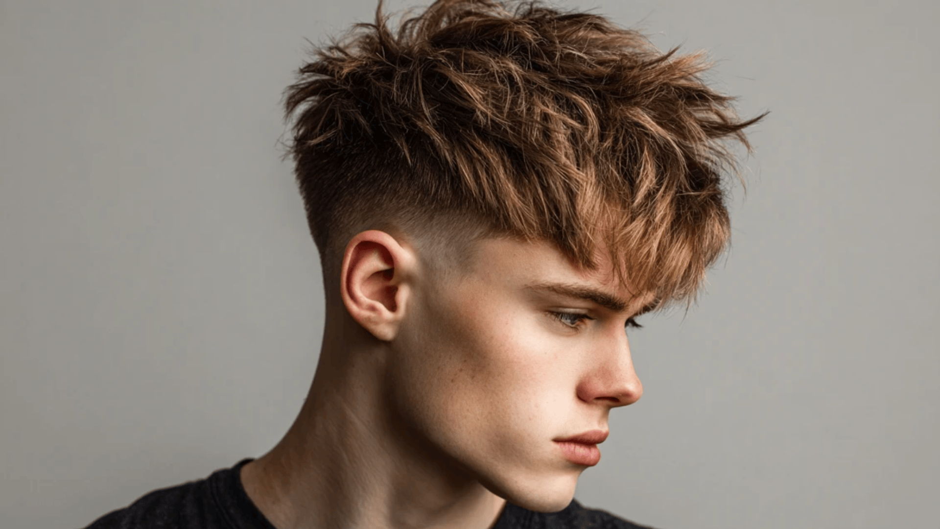 Tousled top skin fade haircut with textured finish