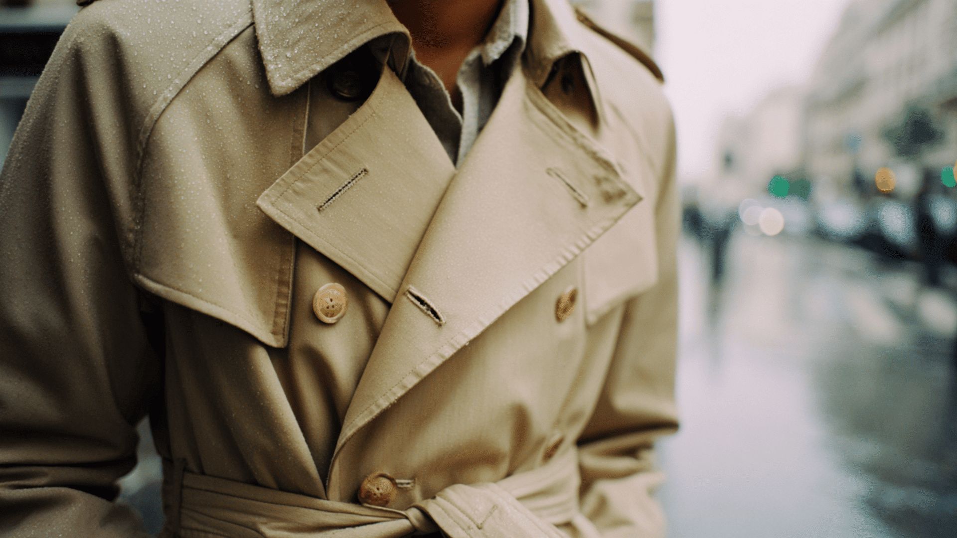 Beige trench coat with double breasted front, belt, and classic long silhouette
