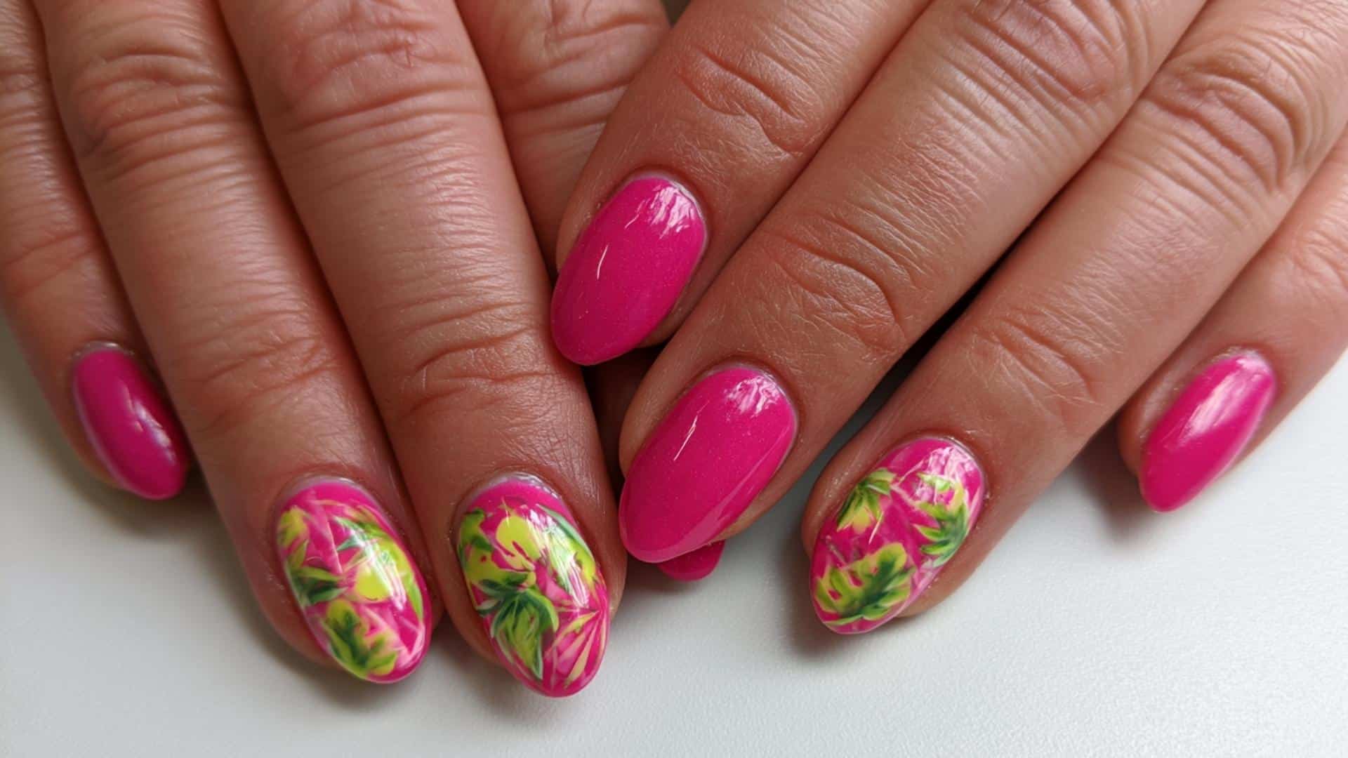 Hot pink nails with bright tropical leaf print accent nails.