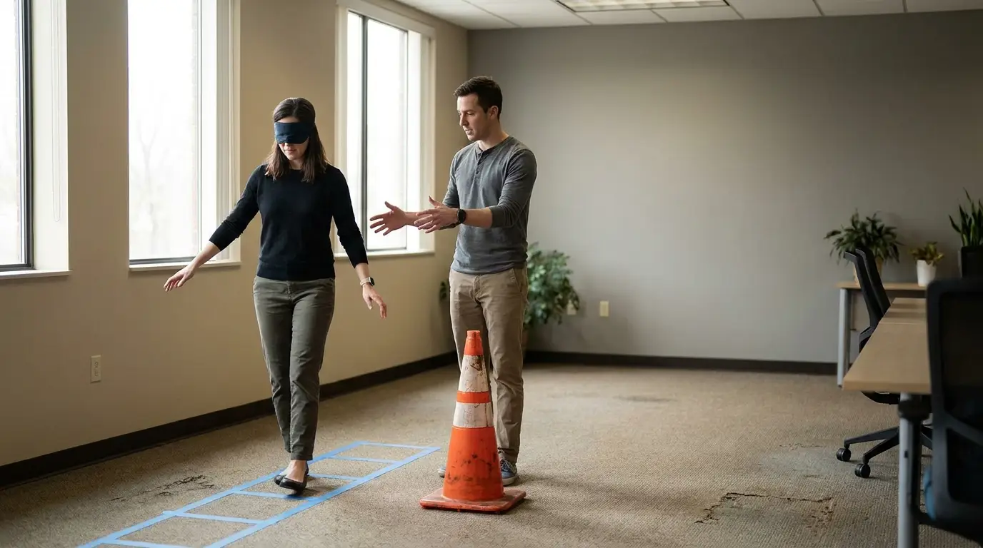 Blindfolded woman navigating obstacle course in office guided by coworker near traffic cone