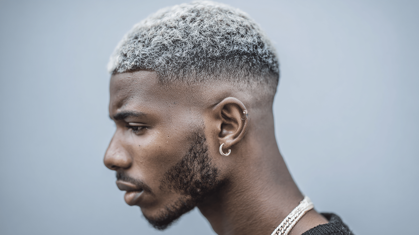 Man with a two-tone buzz fade haircut featuring contrasting hair shades.