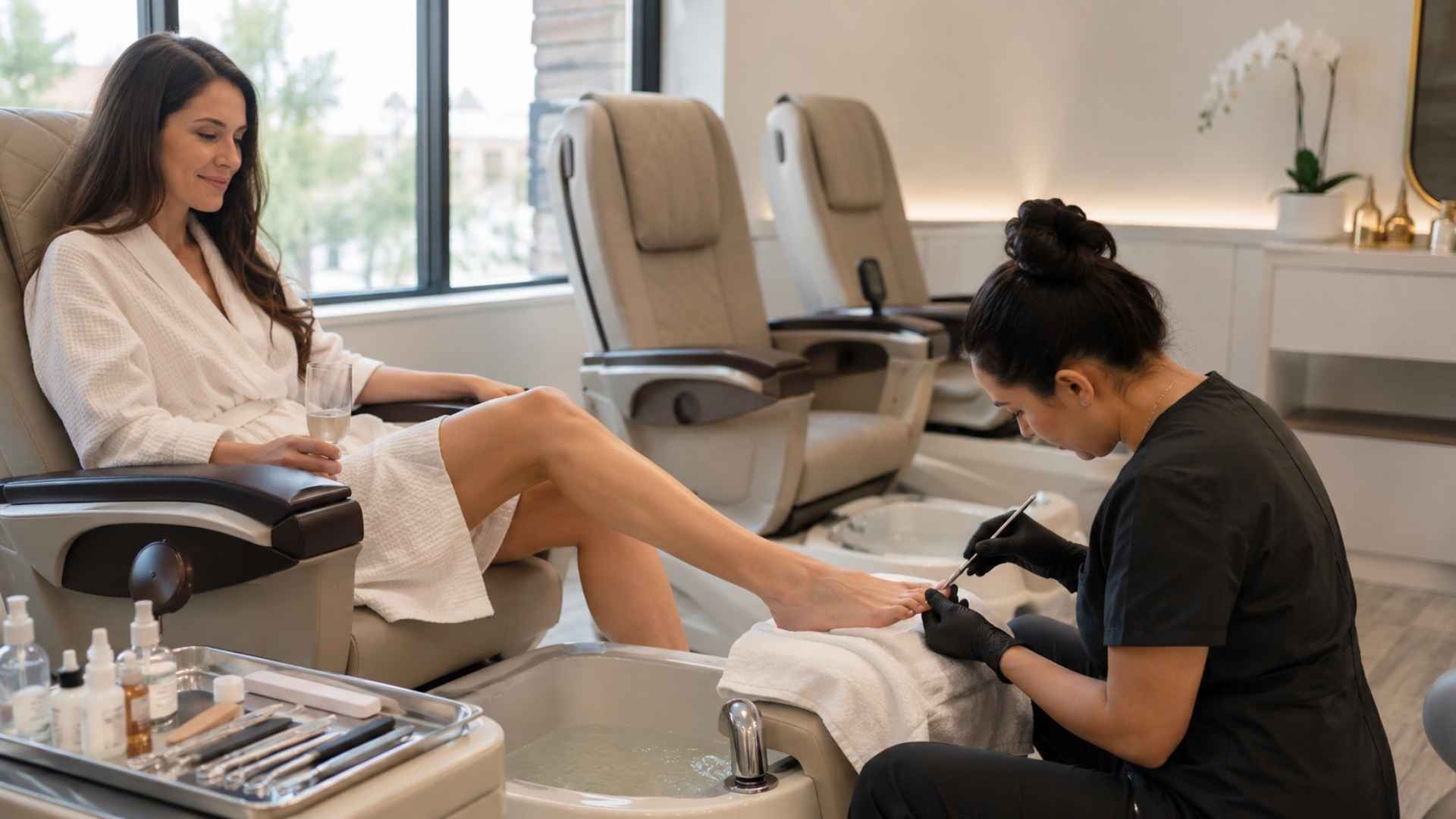 Woman receiving a pedicure treatment in a modern salon with a technician caring for her feet