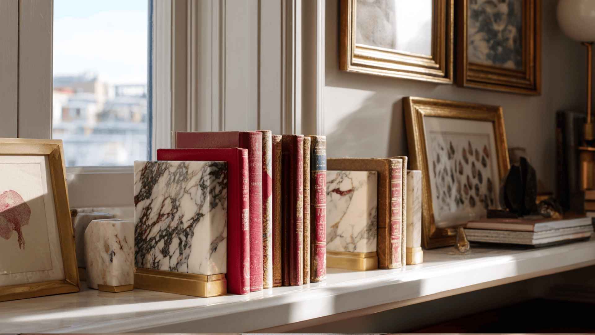 Marble bookends holding a row of books upright on a shelf