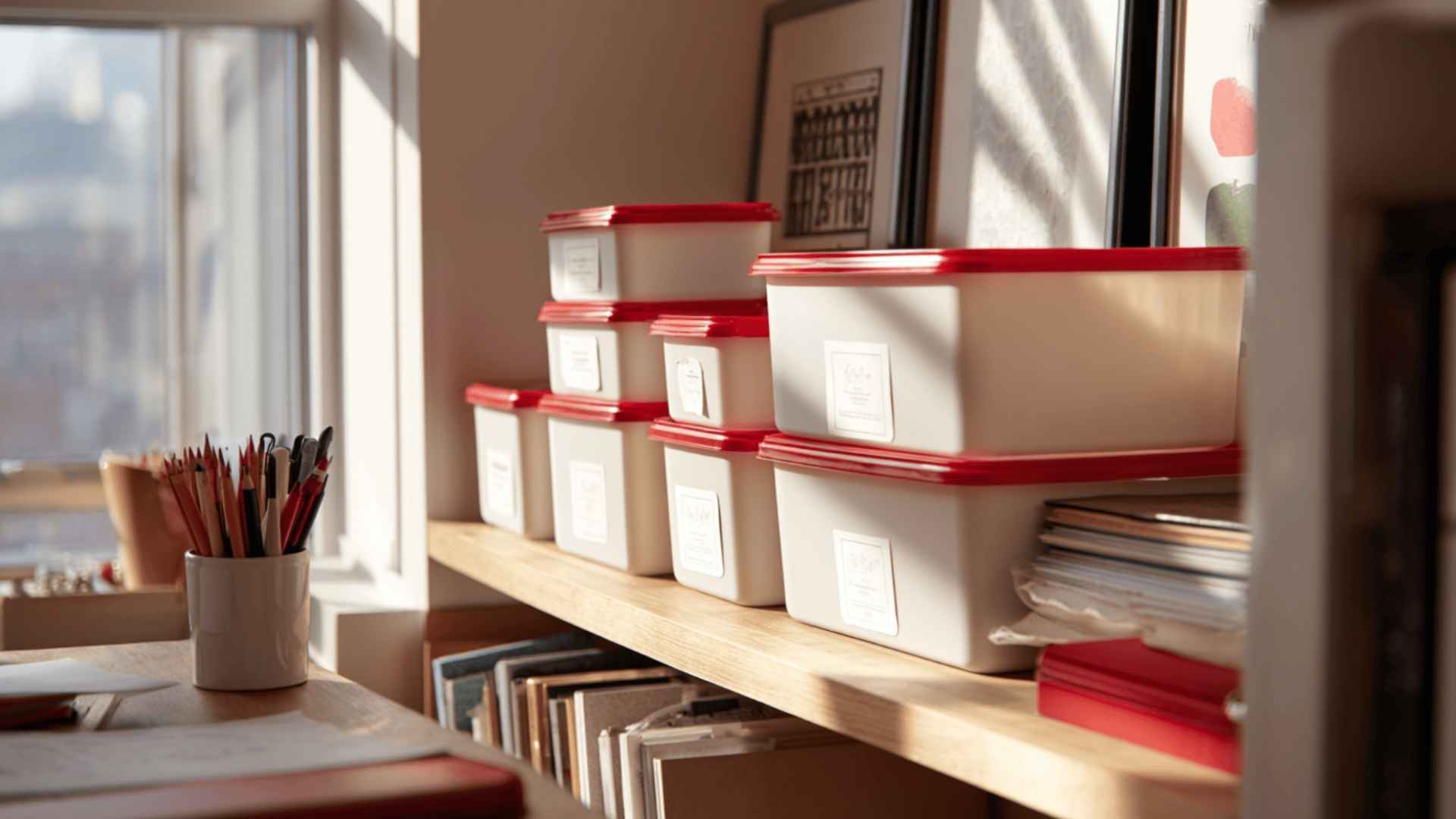 Matching rattan boxes organizing small items on a shelf