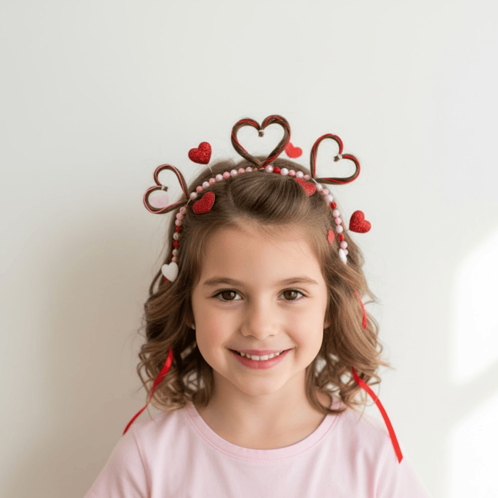 Girl with heart shaped hair accessories and pink accents for a Valentine themed hairstyle.