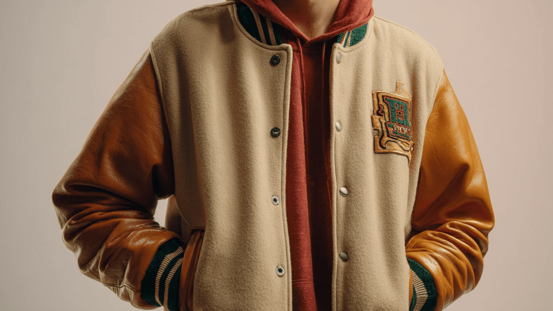 Varsity jacket with contrasting sleeves and sporty letterman inspired design