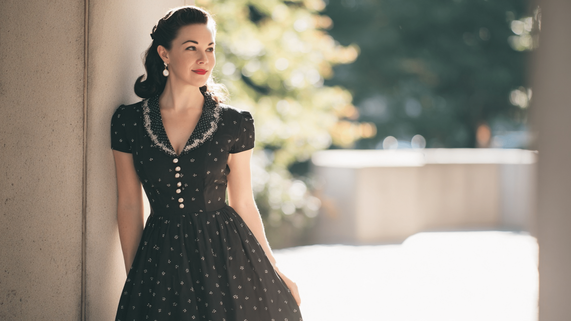 Woman wearing a vintage-inspired tea-length dress with a fitted waist, full skirt, and classic retro details.