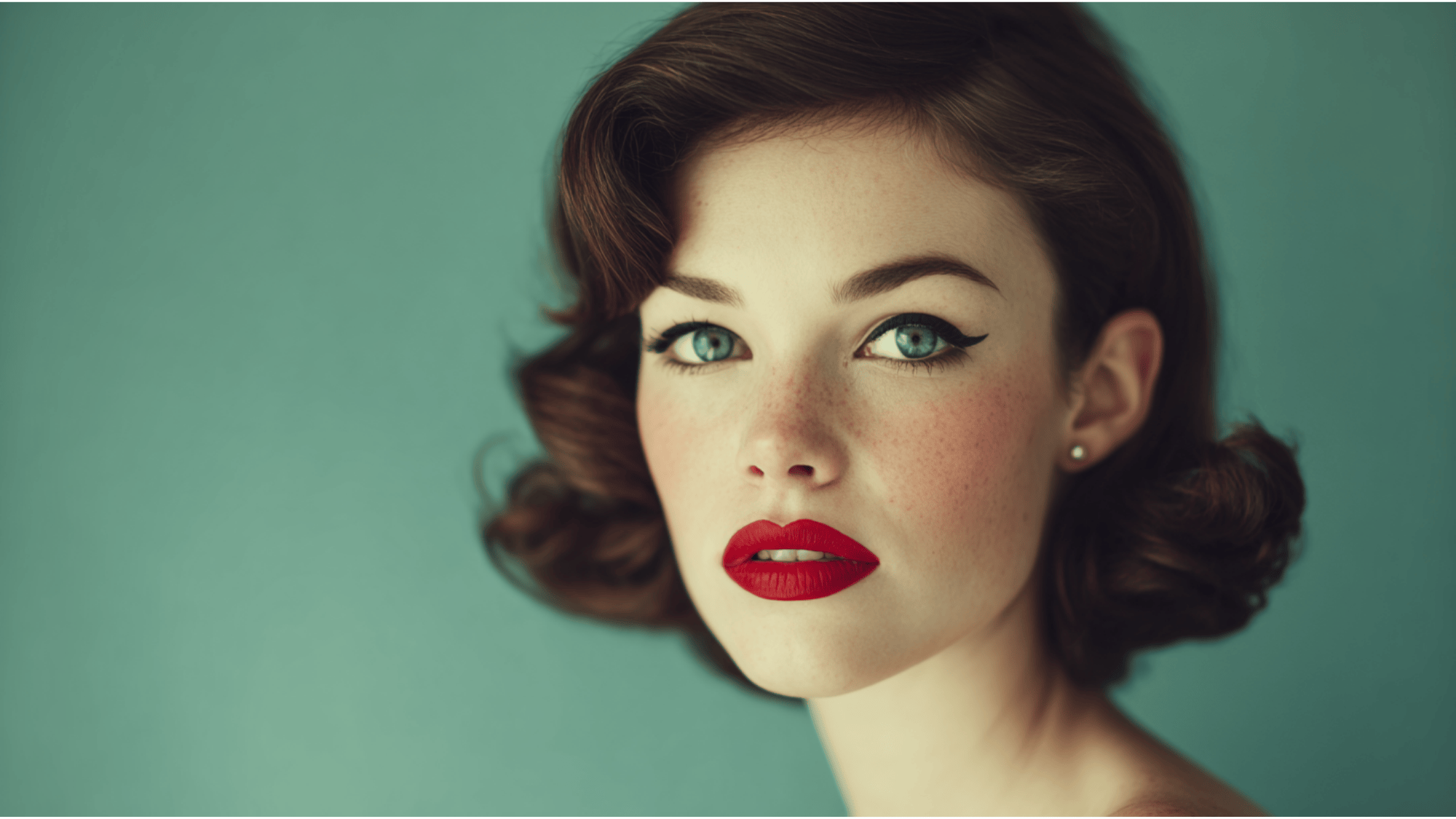 Vintage makeup style with classic winged eyeliner, red lips, and timeless retro beauty details