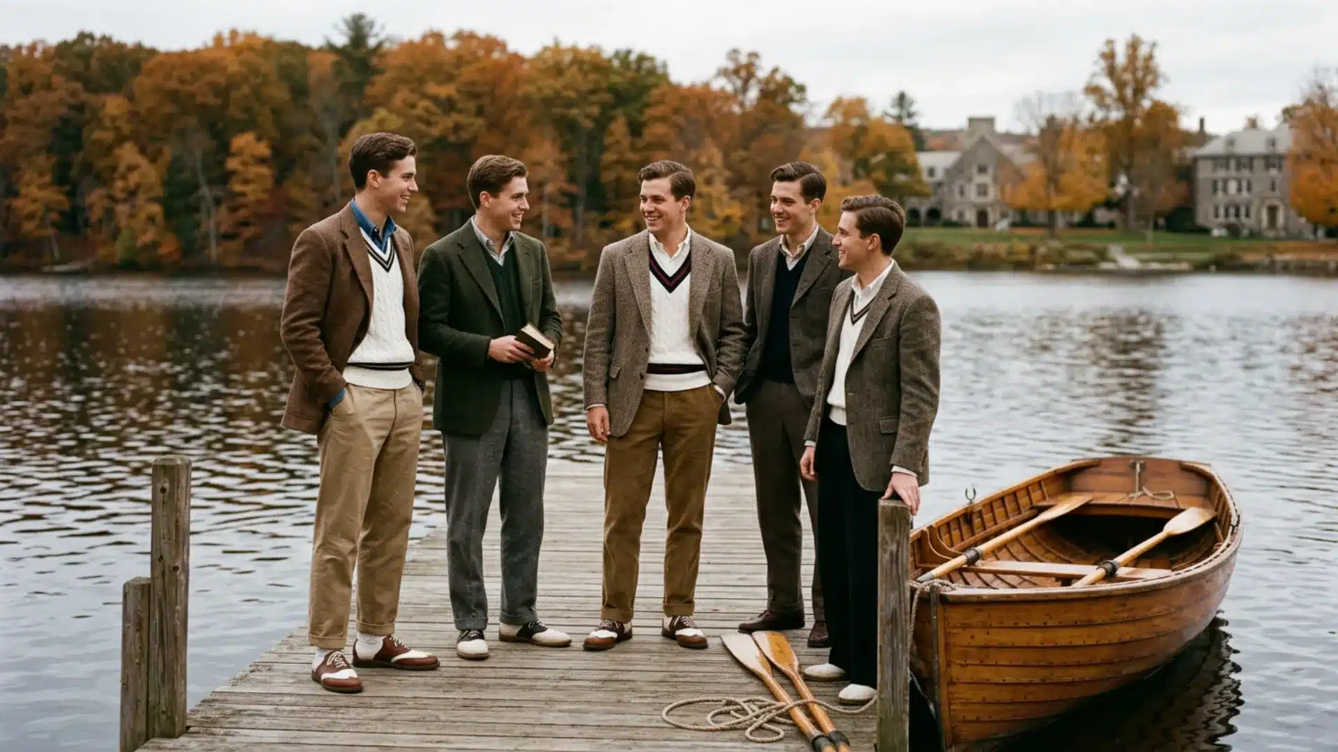 Vintage-style photo of Ivy League students in tweed blazers and saddle shoes near a rowing dock