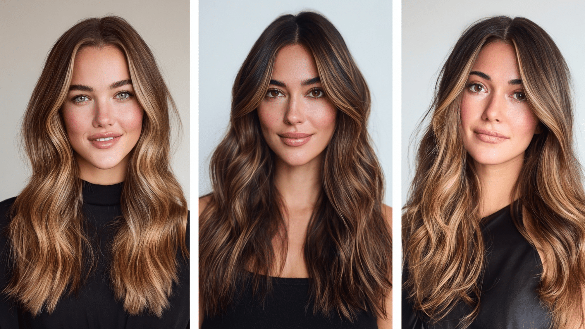 Three women’s hair color comparison showing honey blonde, caramel, and brunette balayage on long wavy hair for hairstyle inspiration.