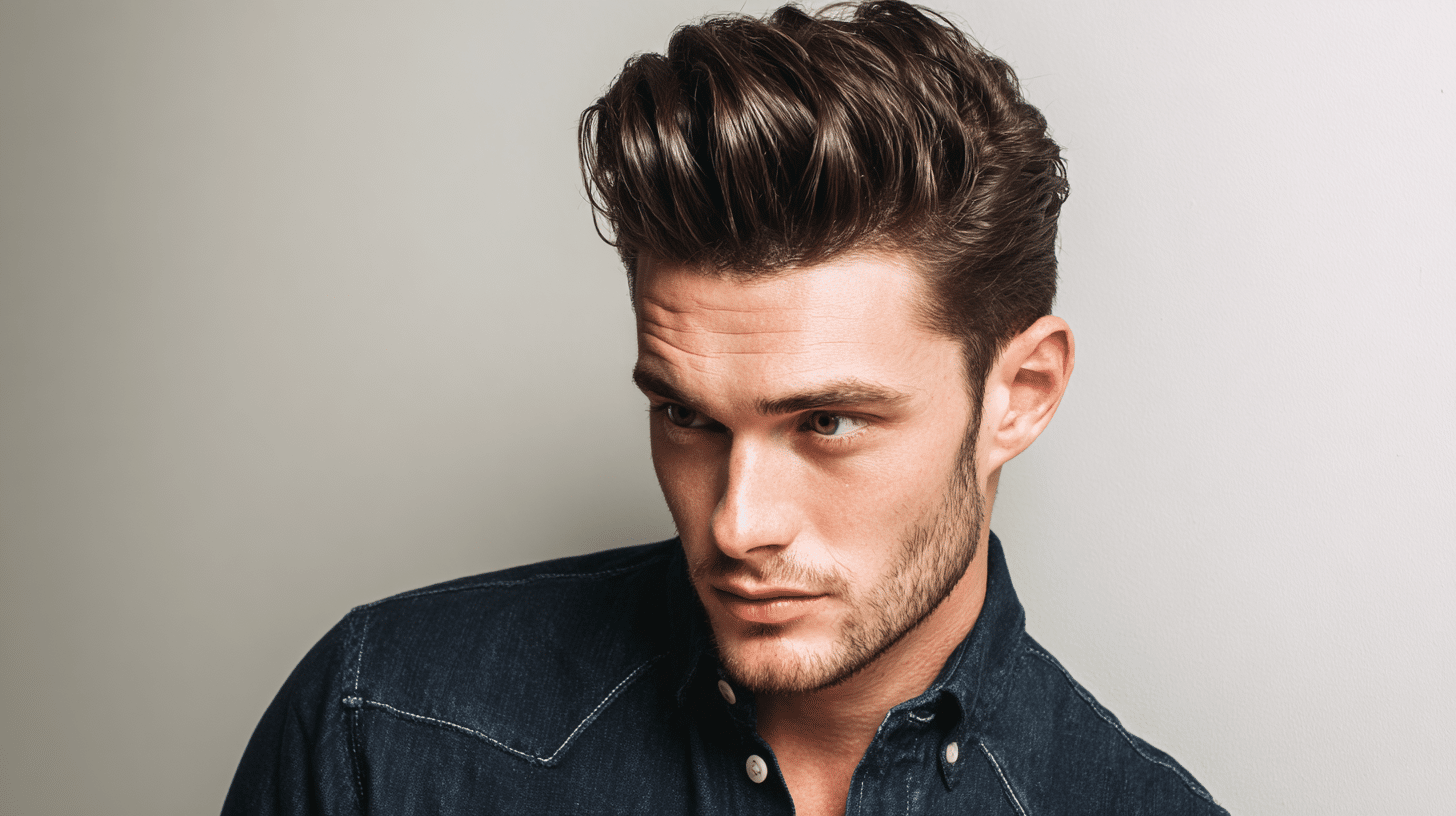 Man with short quiff hairstyle and lifted front styled hair