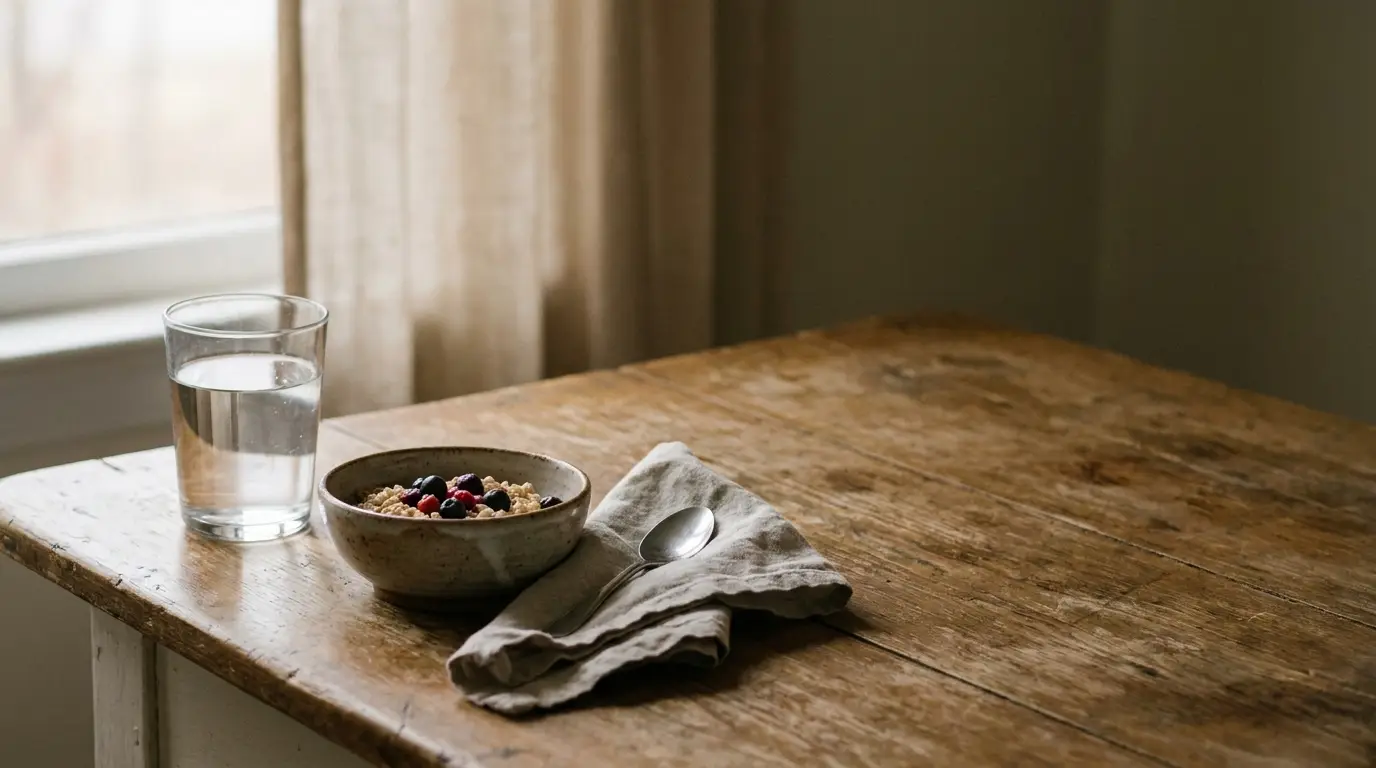 Bowl of oatmeal with berries next to glass of water on wooden table