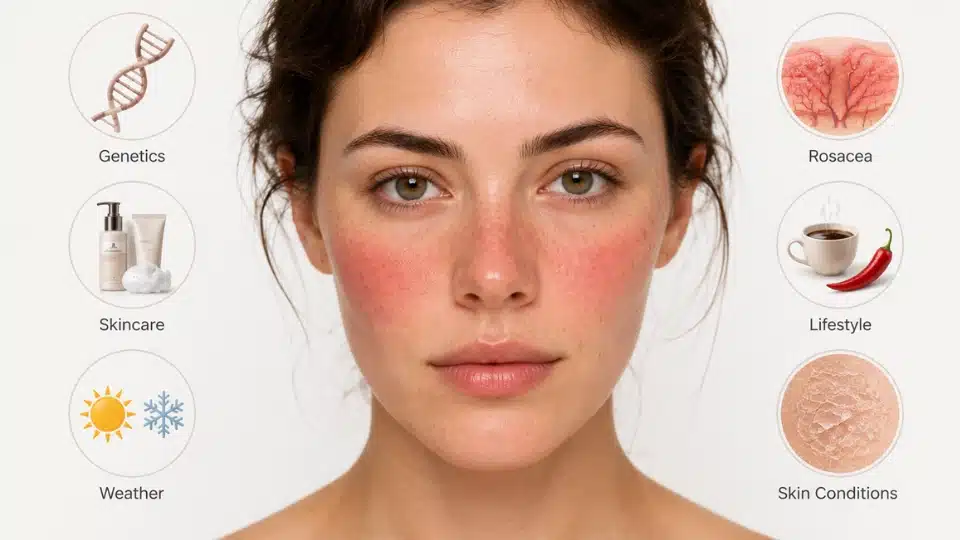 Skincare infographic showing causes of ruddy skin including genetics, skincare habits, weather, rosacea, and lifestyle