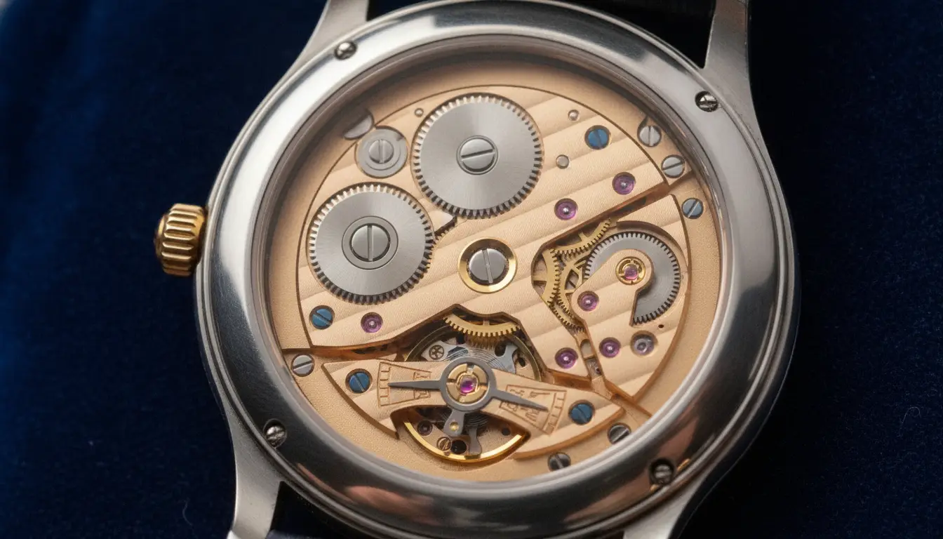 Exposed mechanical watch movement with intricate gears and screws on a dark blue background