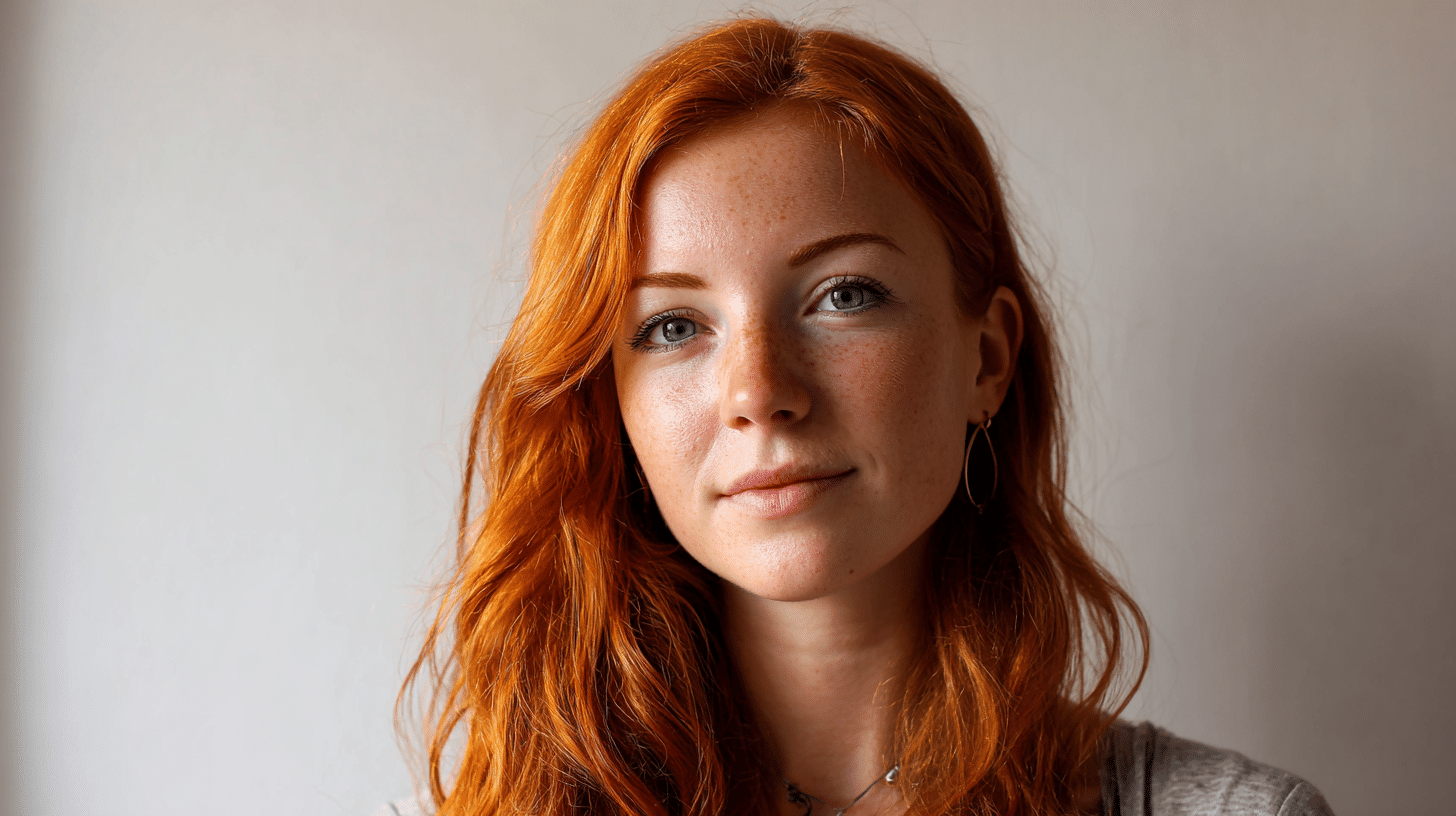 Woman with natural copper red hair posing in soft light with a relaxed expression