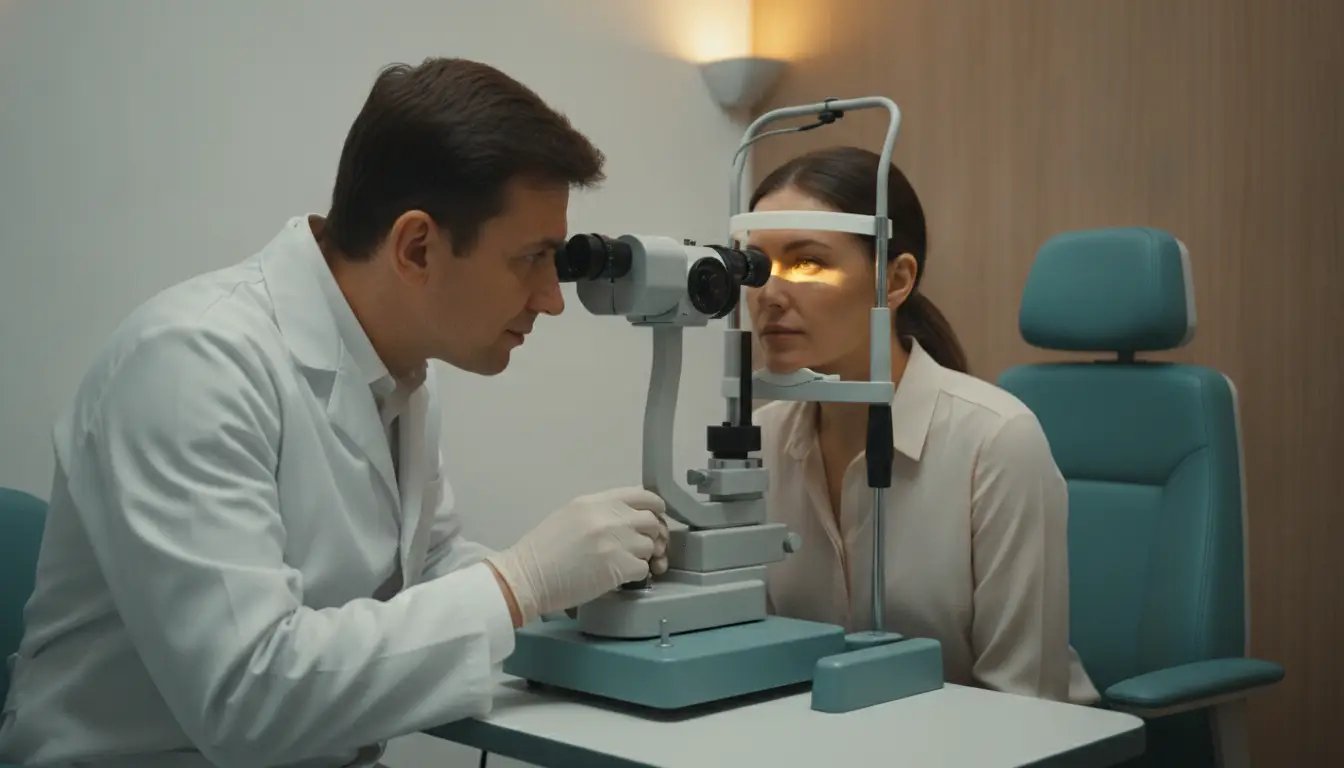 Optometrist examining patient’s eyes with slit lamp in clinic setting