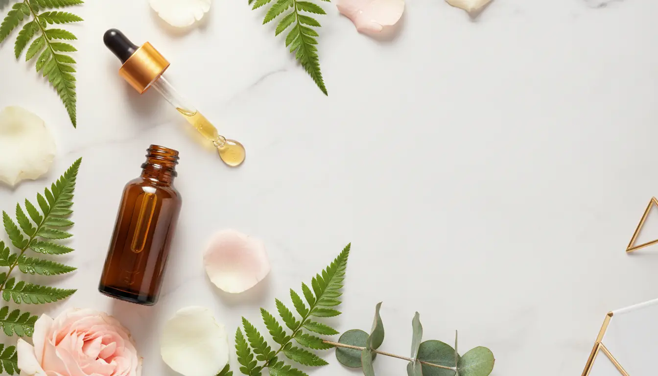 Amber dropper bottle with essential oil surrounded by fern leaves and rose petals on marble surface