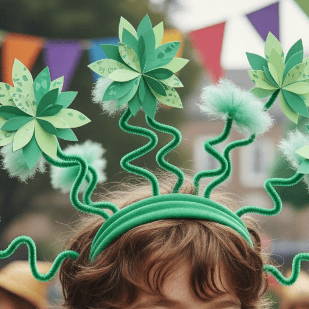 Child wearing a whimsical green tree inspired hairstyle with pipe cleaners and paper decorations.