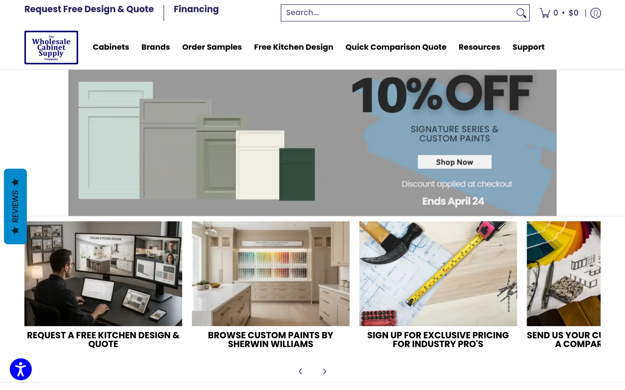 Various cabinet door styles displayed under a 10% off promotion banner with colorful paint samples and tools
